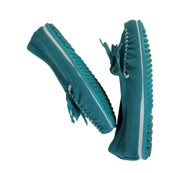 Minnetonka Turquoise Suede Moccasins Kitty Plus Womens Size 10 Fringe Whipstitch - Picture 7 of 16